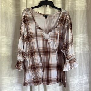 Plaid Brown and White Plus Size Women's Top